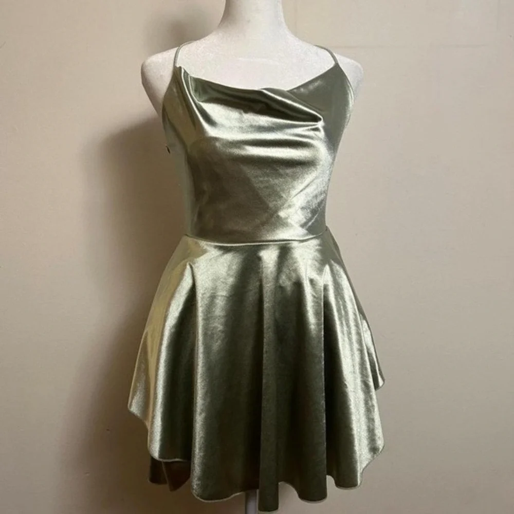 Strappy Lace Up Back‎ Mini Dress Sage Green Large Excellent Festival Fairy